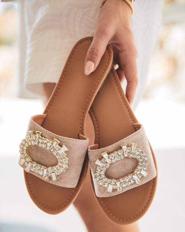 Sandale plate femme diamant daim mule beige - Clara - Casual Mode