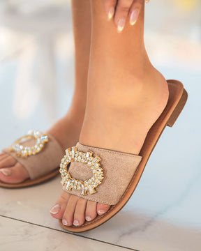 Sandale plate femme diamant daim mule beige - Clara - Casual Mode